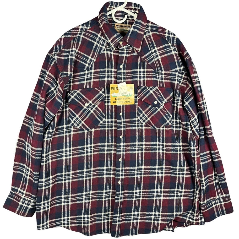 Winter Run Flannel Shirt Mens XL Burgundy Plaid Extra Heavy Weight‎ Pearl Snap